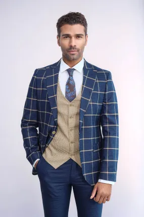 Checked Patterned Slim Fit Navy Blue Men Suit - Wessi