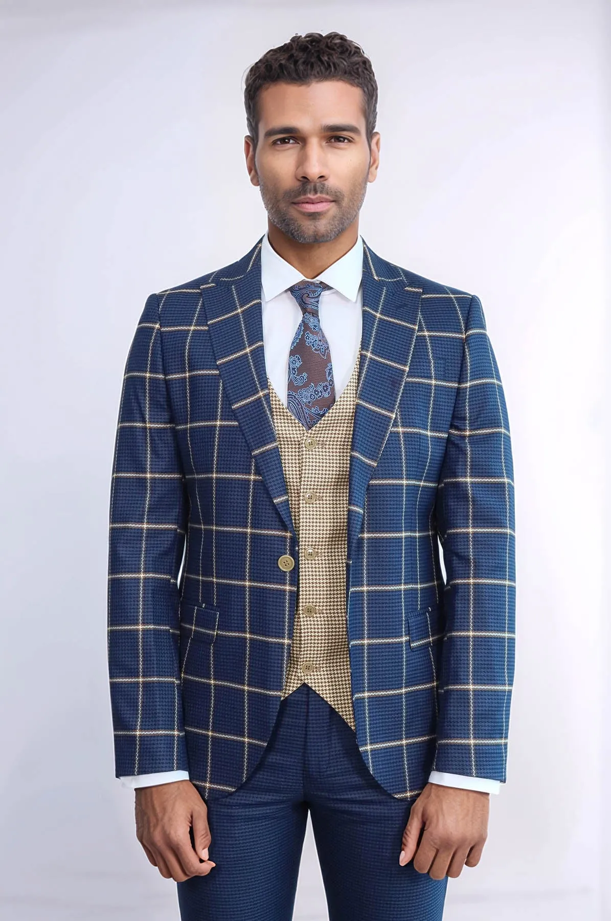 Checked Patterned Slim Fit Navy Blue Men Suit - Wessi