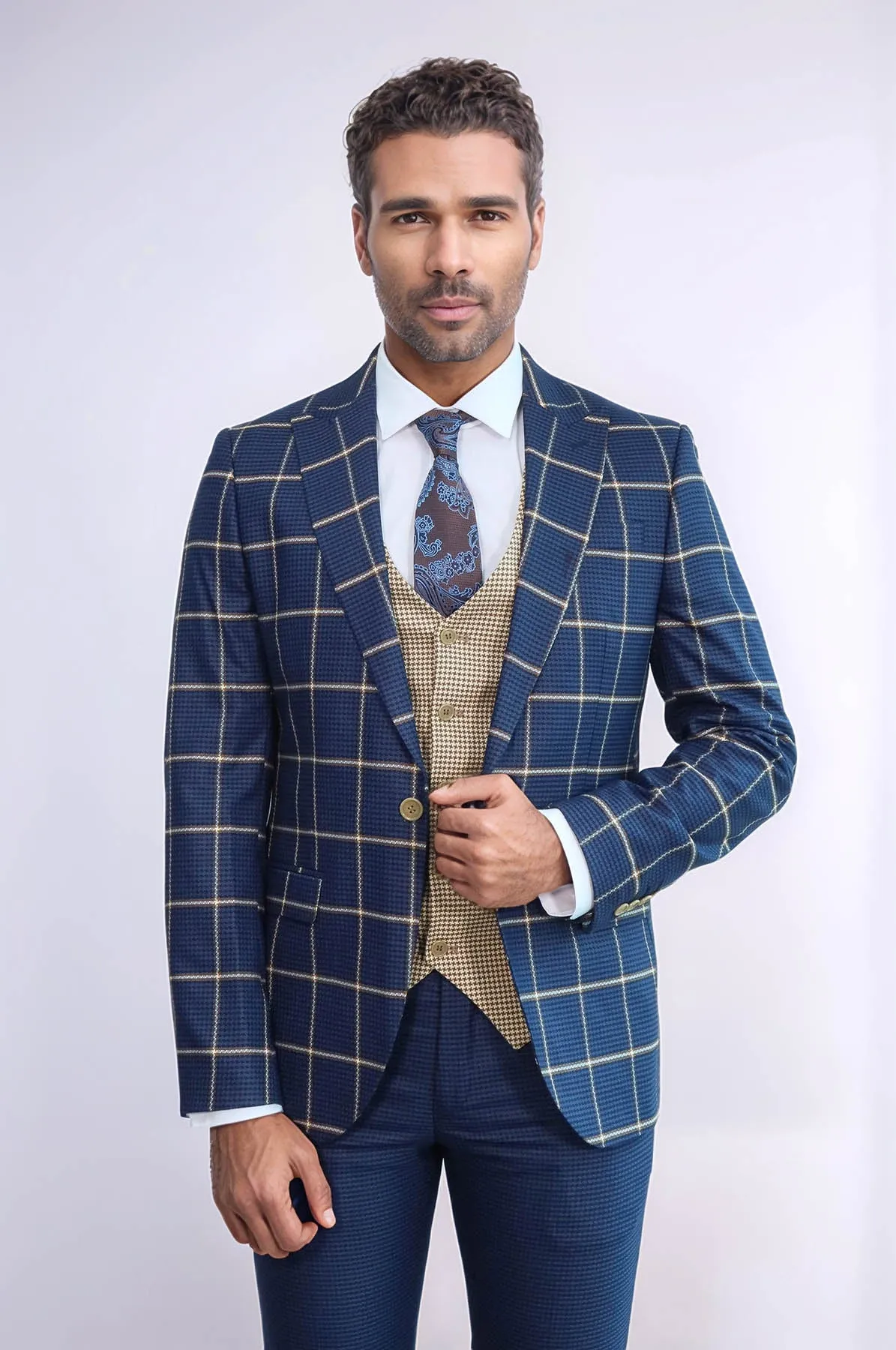 Checked Patterned Slim Fit Navy Blue Men Suit - Wessi