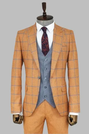 Checked Patterned Slim Fit Orange Men Suit - Wessi