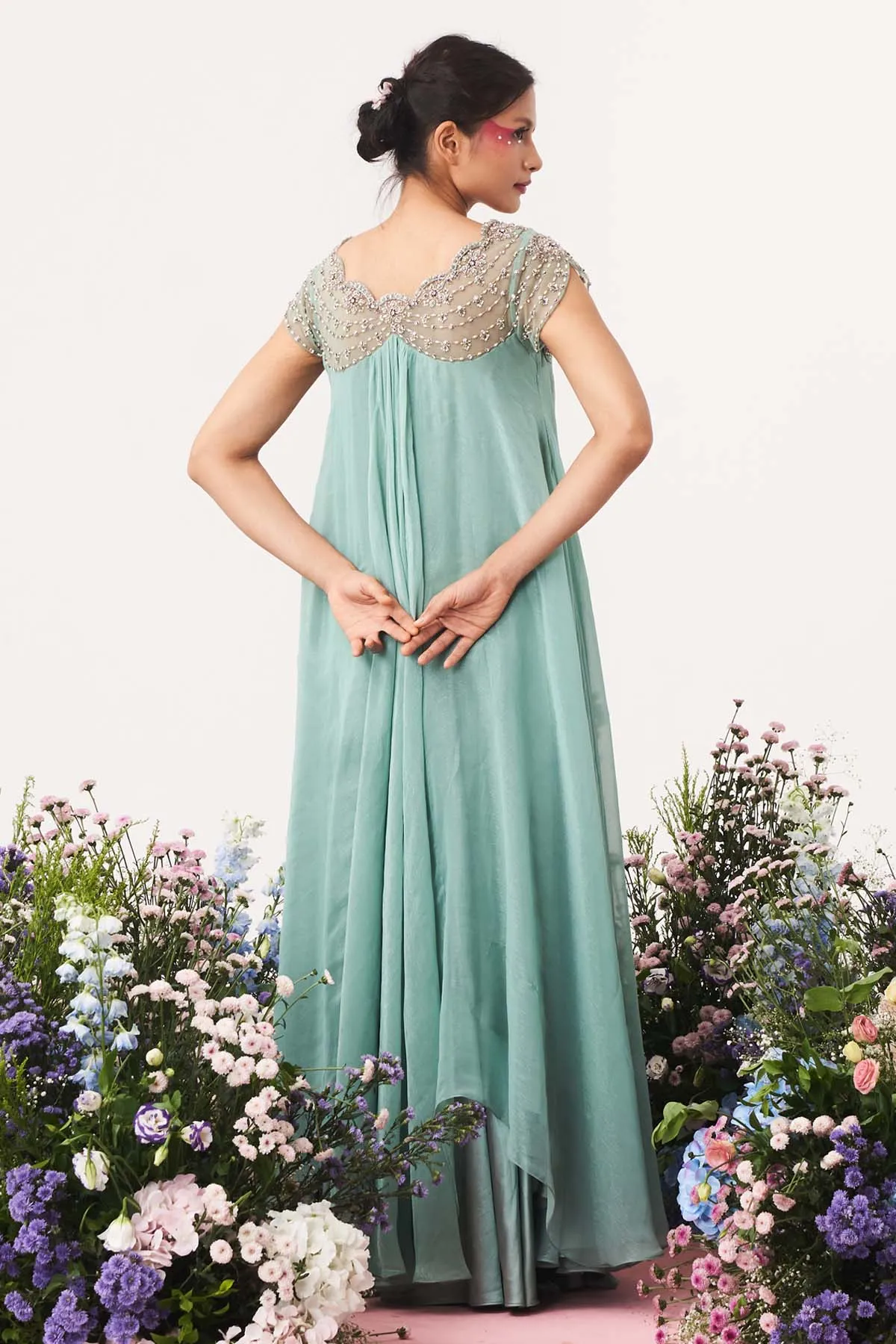 Chiffon Embroidered Green Gown
