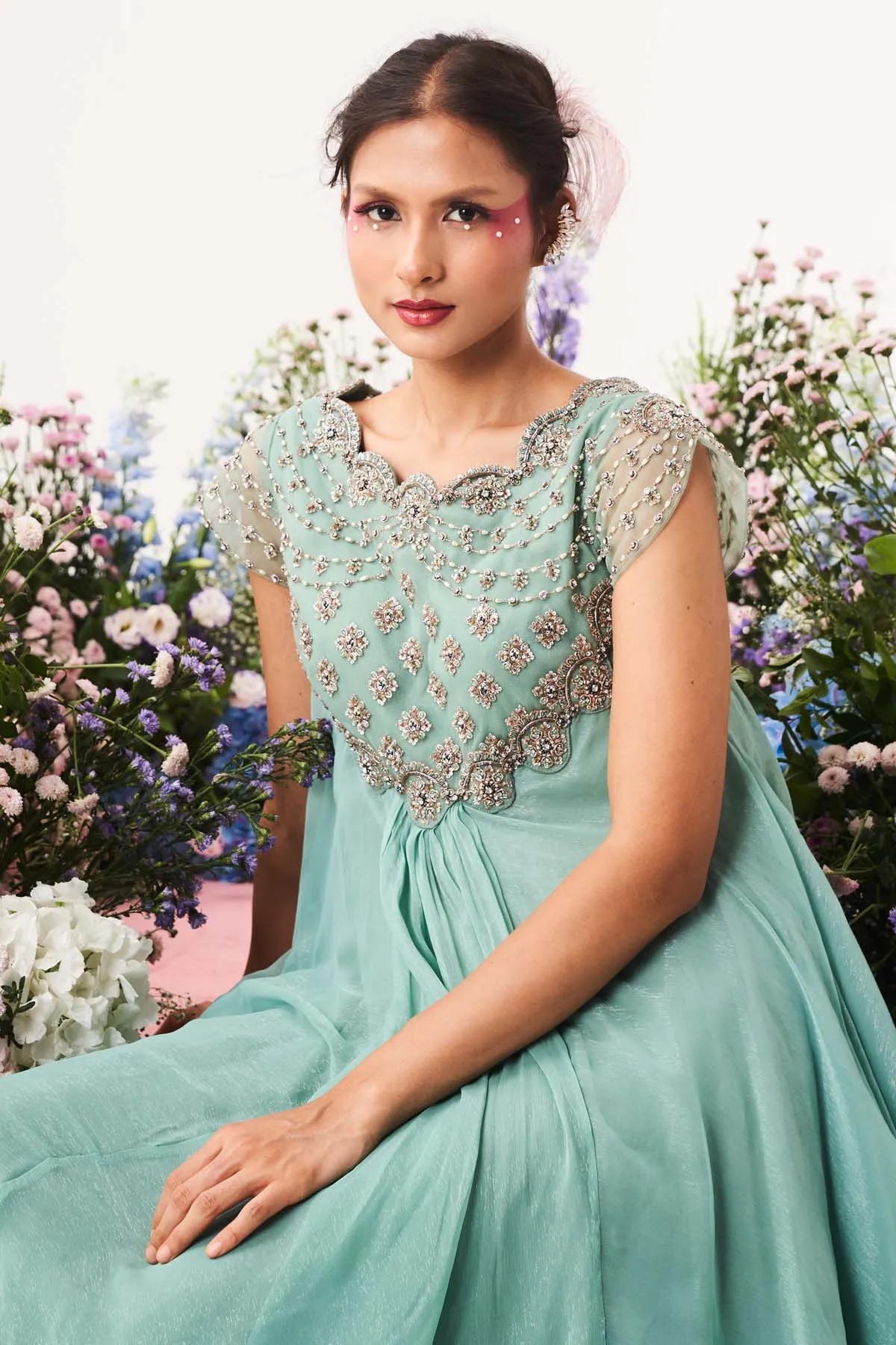 Chiffon Embroidered Green Gown