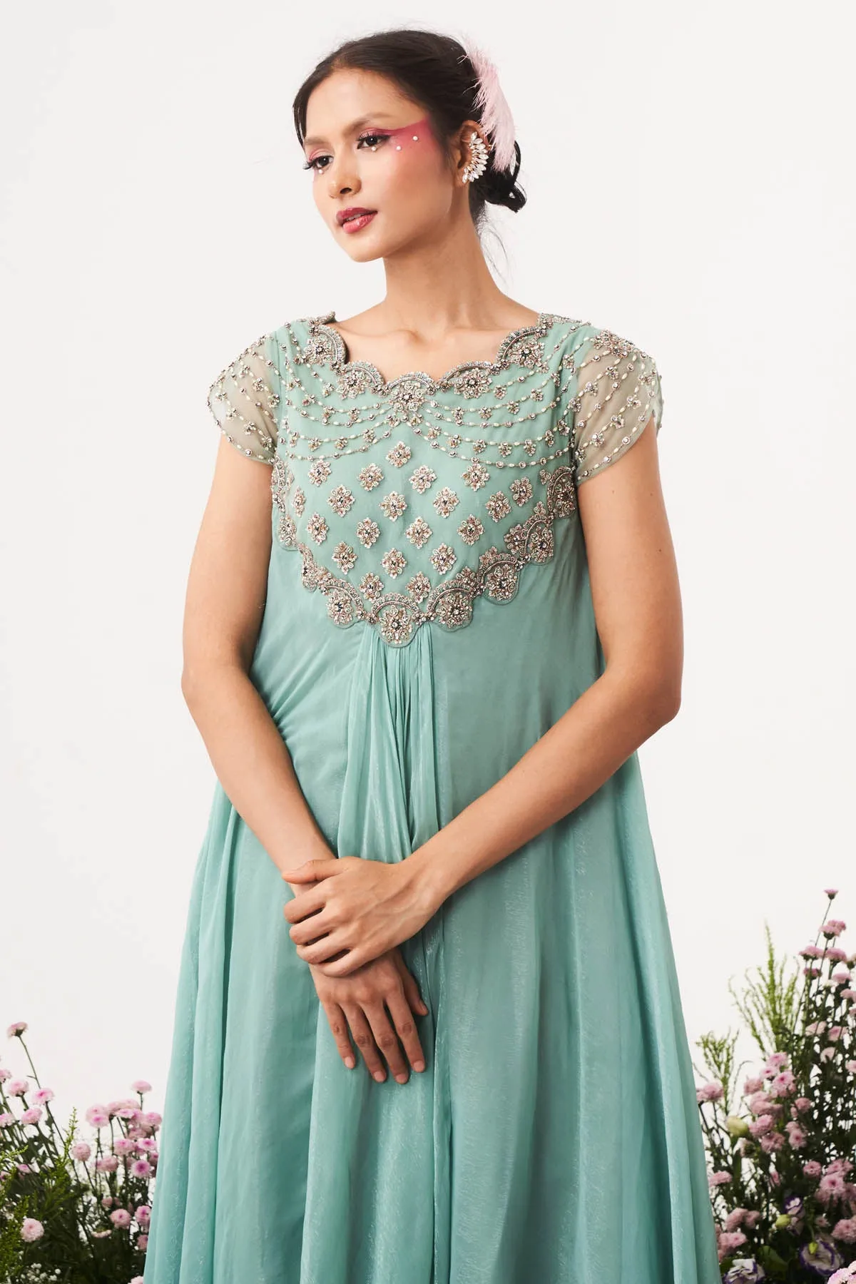 Chiffon Embroidered Green Gown