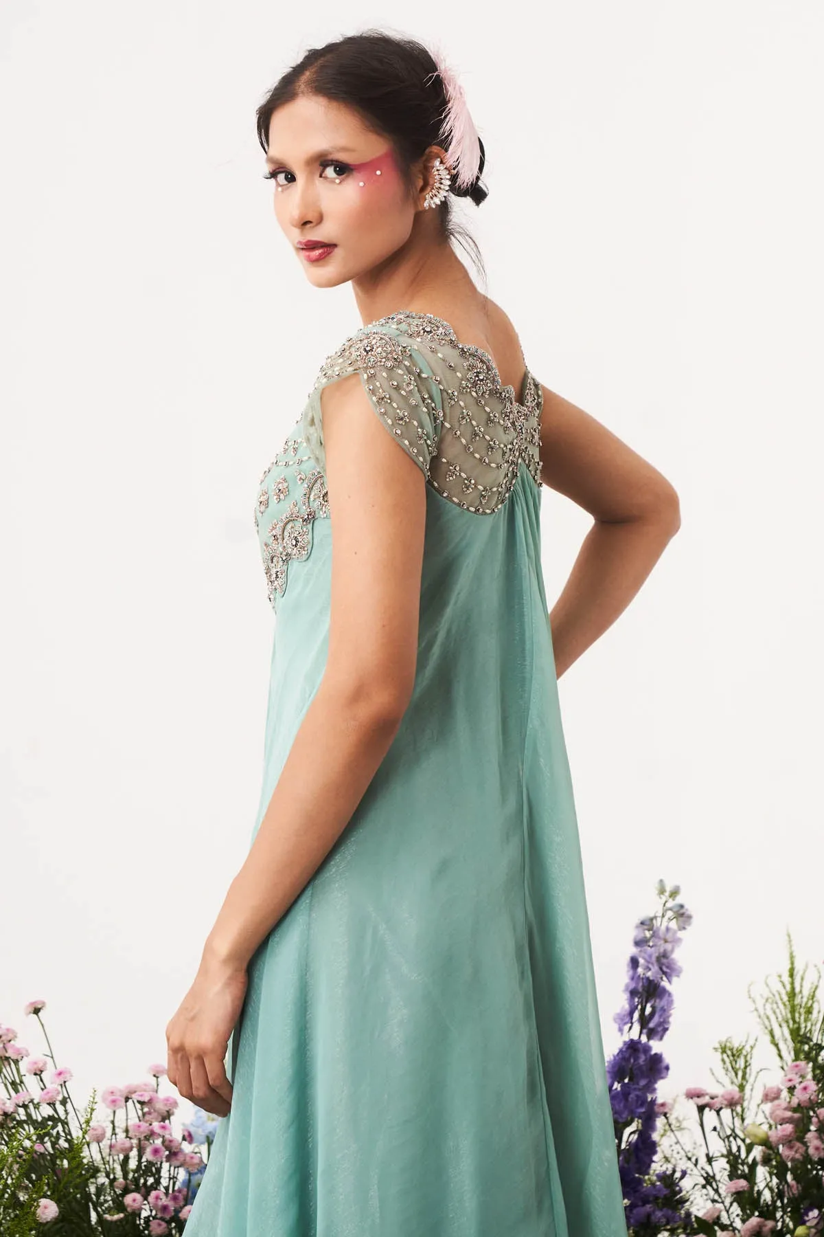 Chiffon Embroidered Green Gown