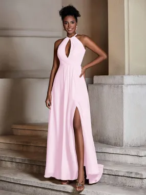 Chiffon Long Halter Dresses with Slit-Blushing Pink