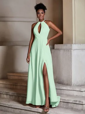Chiffon Long Halter Dresses with Slit-Mint Green Plus Size
