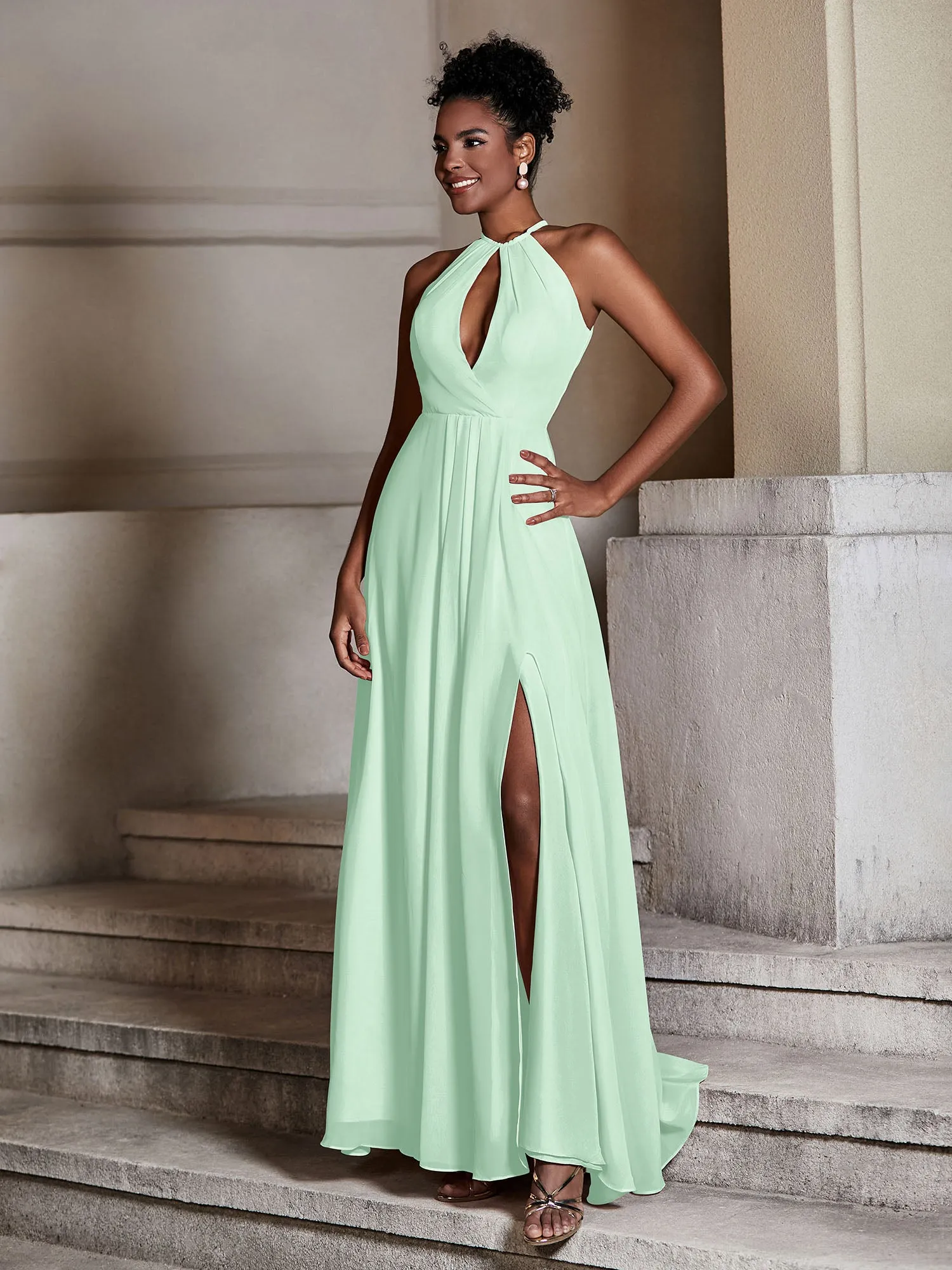 Chiffon Long Halter Dresses with Slit-Mint Green Plus Size