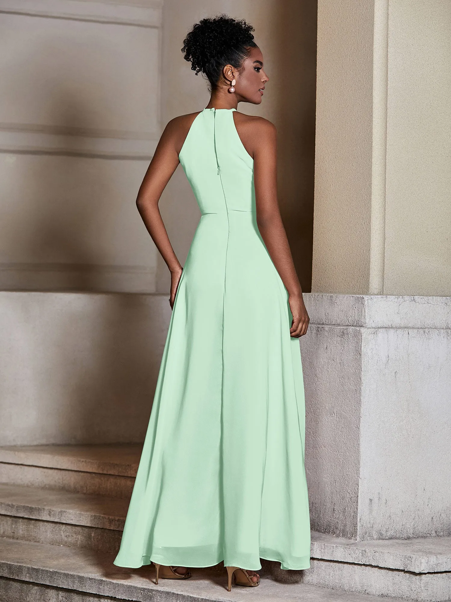 Chiffon Long Halter Dresses with Slit-Mint Green Plus Size