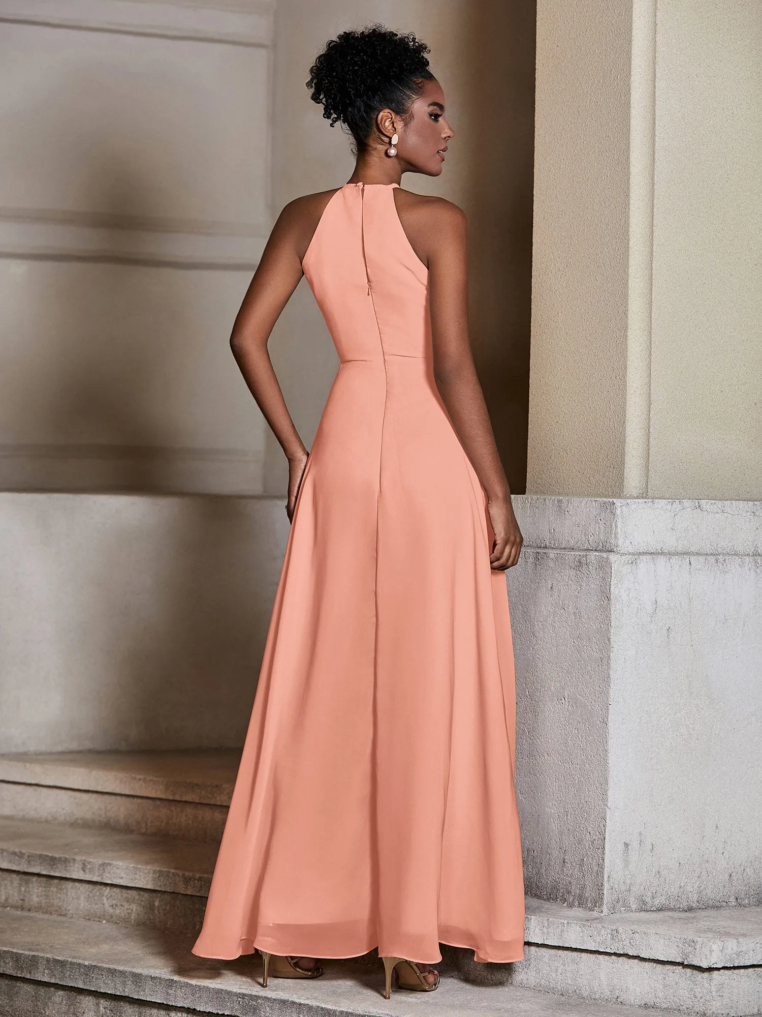 Chiffon Long Halter Dresses with Slit-Papaya