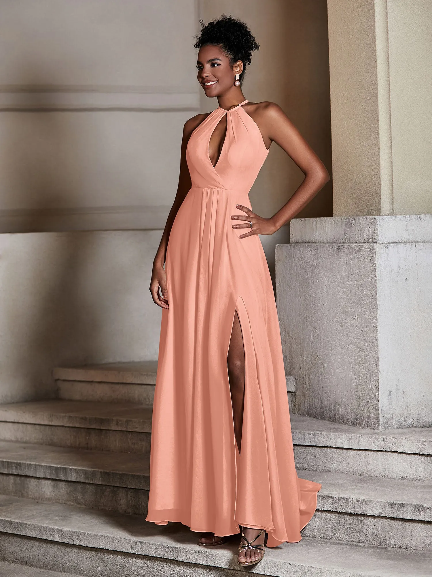Chiffon Long Halter Dresses with Slit-Papaya