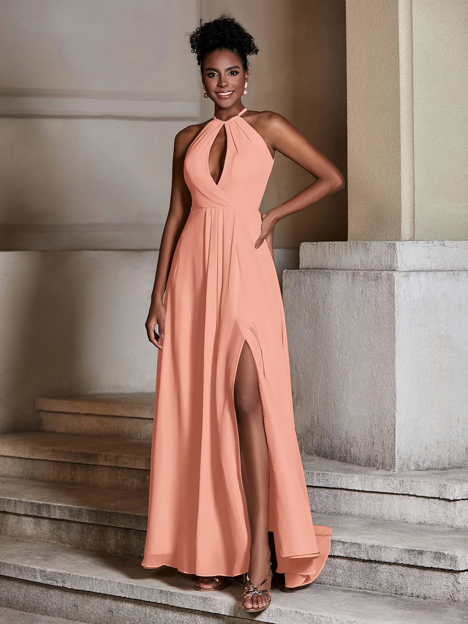 Chiffon Long Halter Dresses with Slit-Papaya