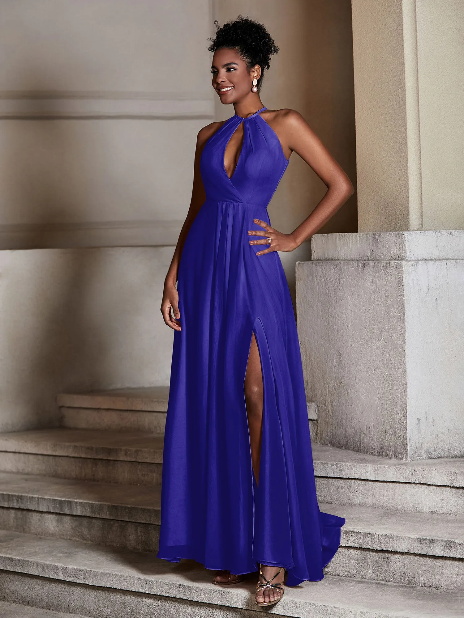 Chiffon Long Halter Dresses with Slit-Royal Blue Plus Size