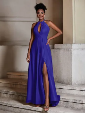 Chiffon Long Halter Dresses with Slit-Royal Blue Plus Size