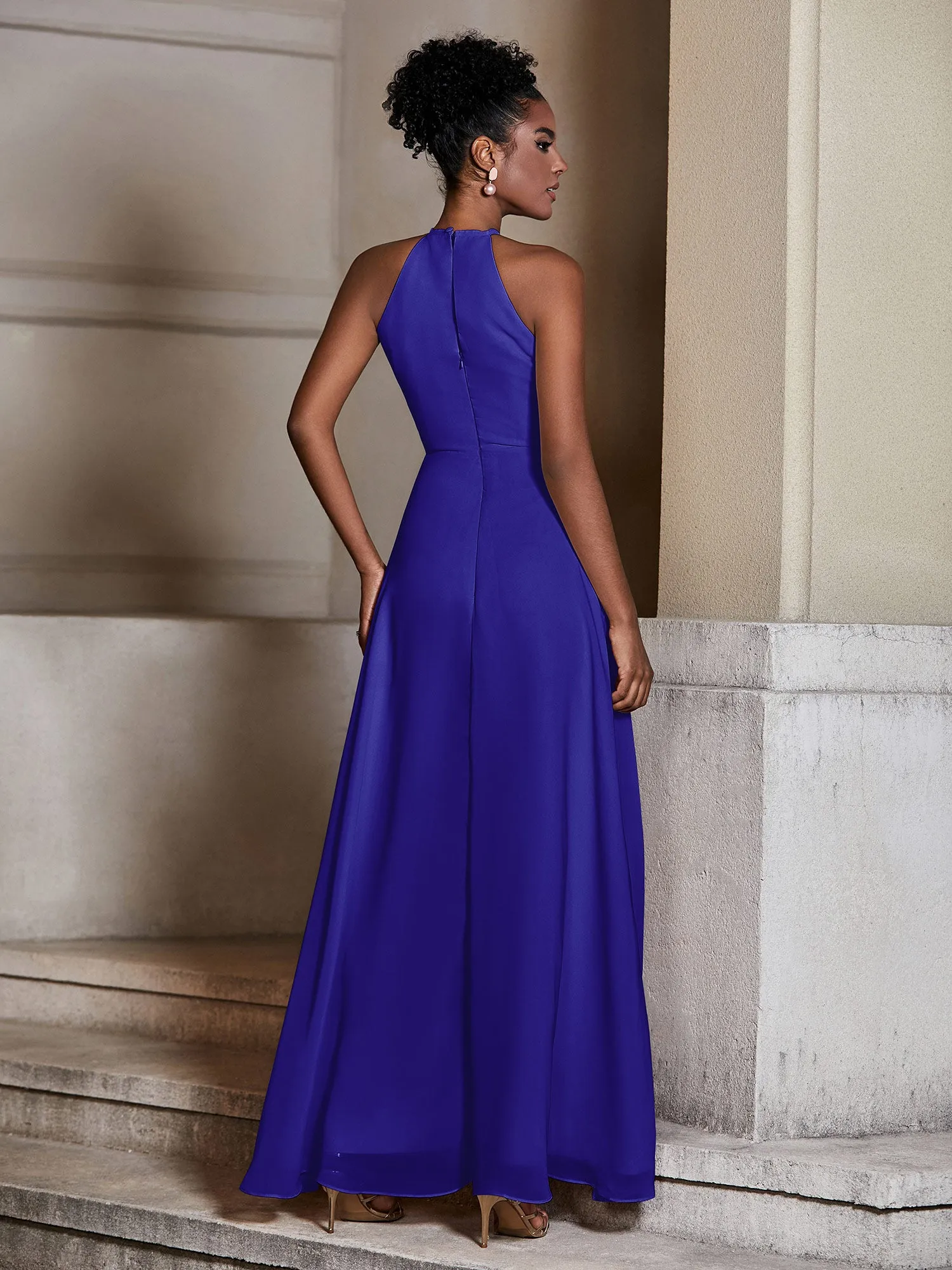 Chiffon Long Halter Dresses with Slit-Royal Blue Plus Size