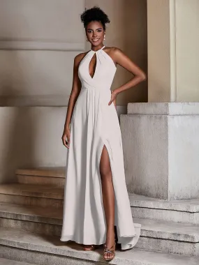 Chiffon Long Halter Dresses with Slit-Silver