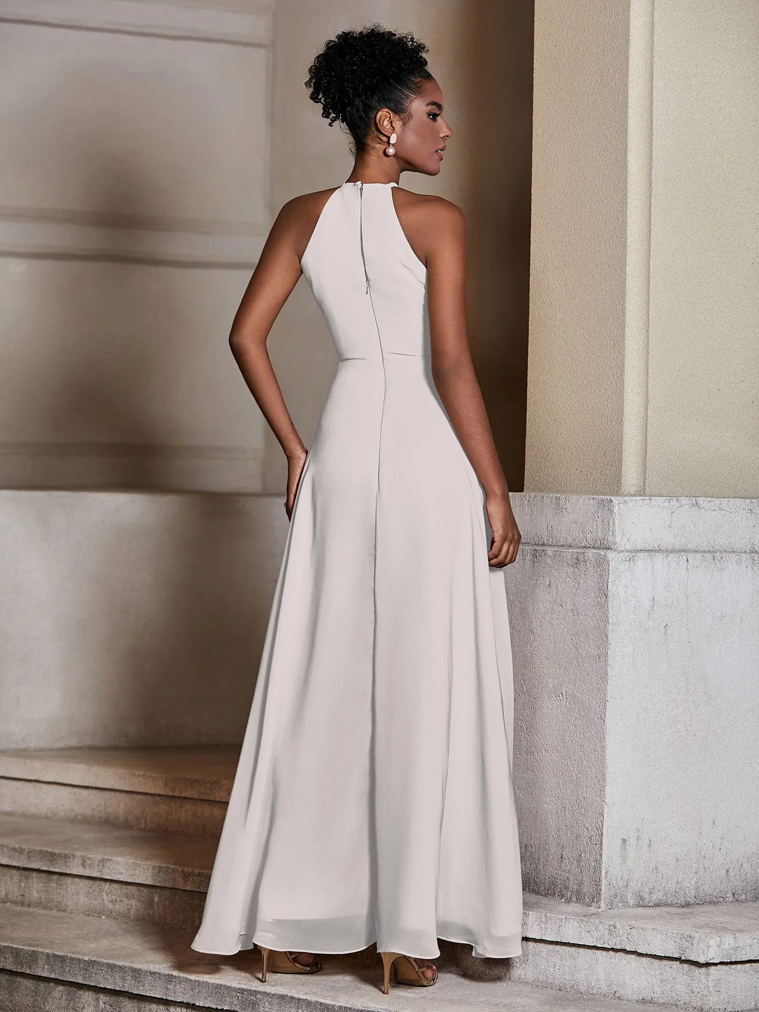 Chiffon Long Halter Dresses with Slit-Silver