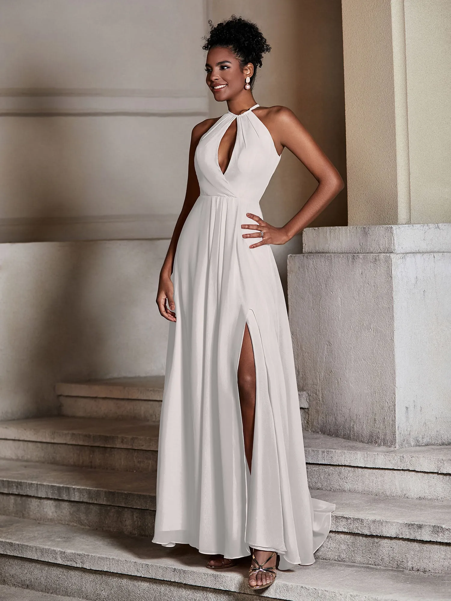 Chiffon Long Halter Dresses with Slit-Silver