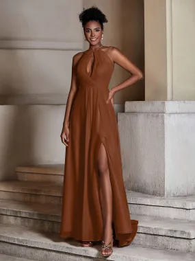 Chiffon Long Halter Dresses with Slit-Terracotta
