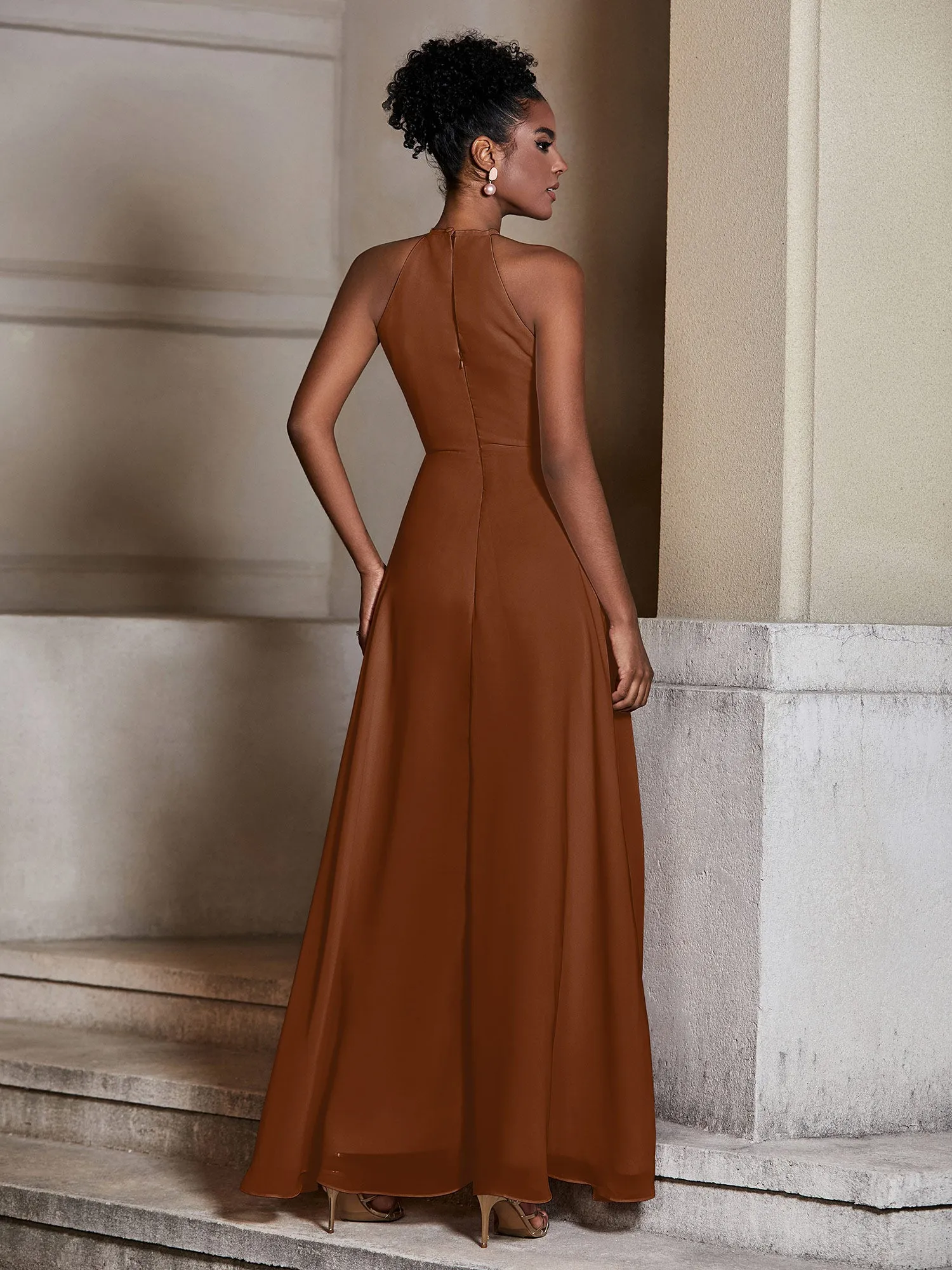 Chiffon Long Halter Dresses with Slit-Terracotta
