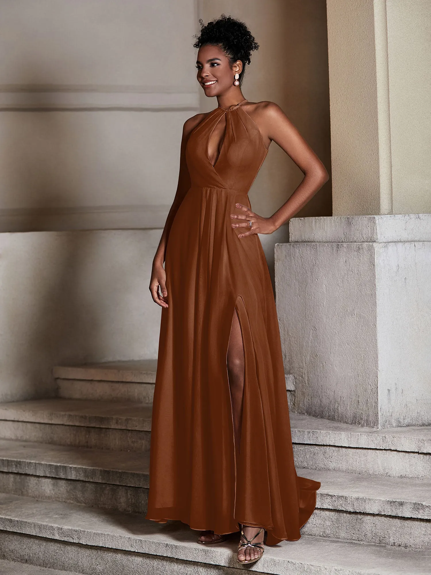 Chiffon Long Halter Dresses with Slit-Terracotta