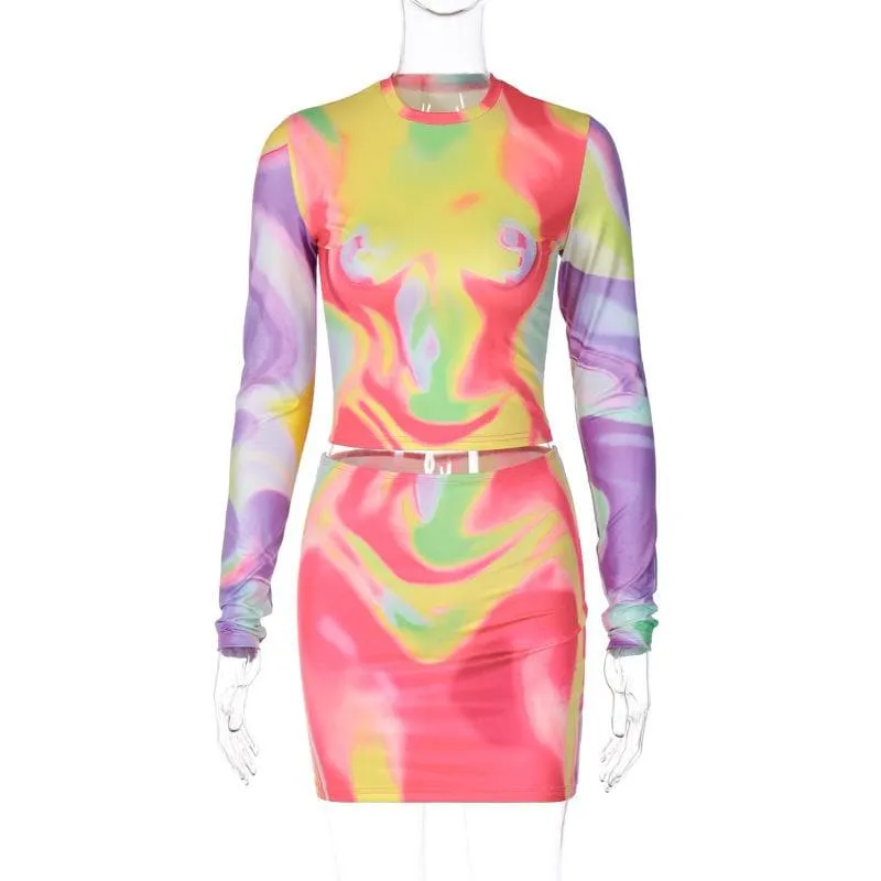 Contrast print long sleeve crewneck mini skirt set