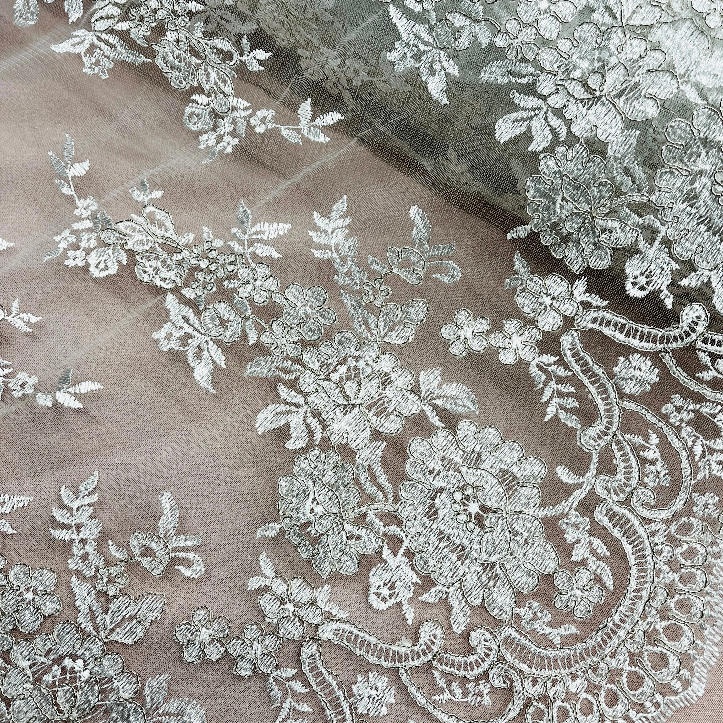 Corded Bridal Lace Fabric Embroidered on 100% Polyester Net Mesh | Lace USA - 96989W