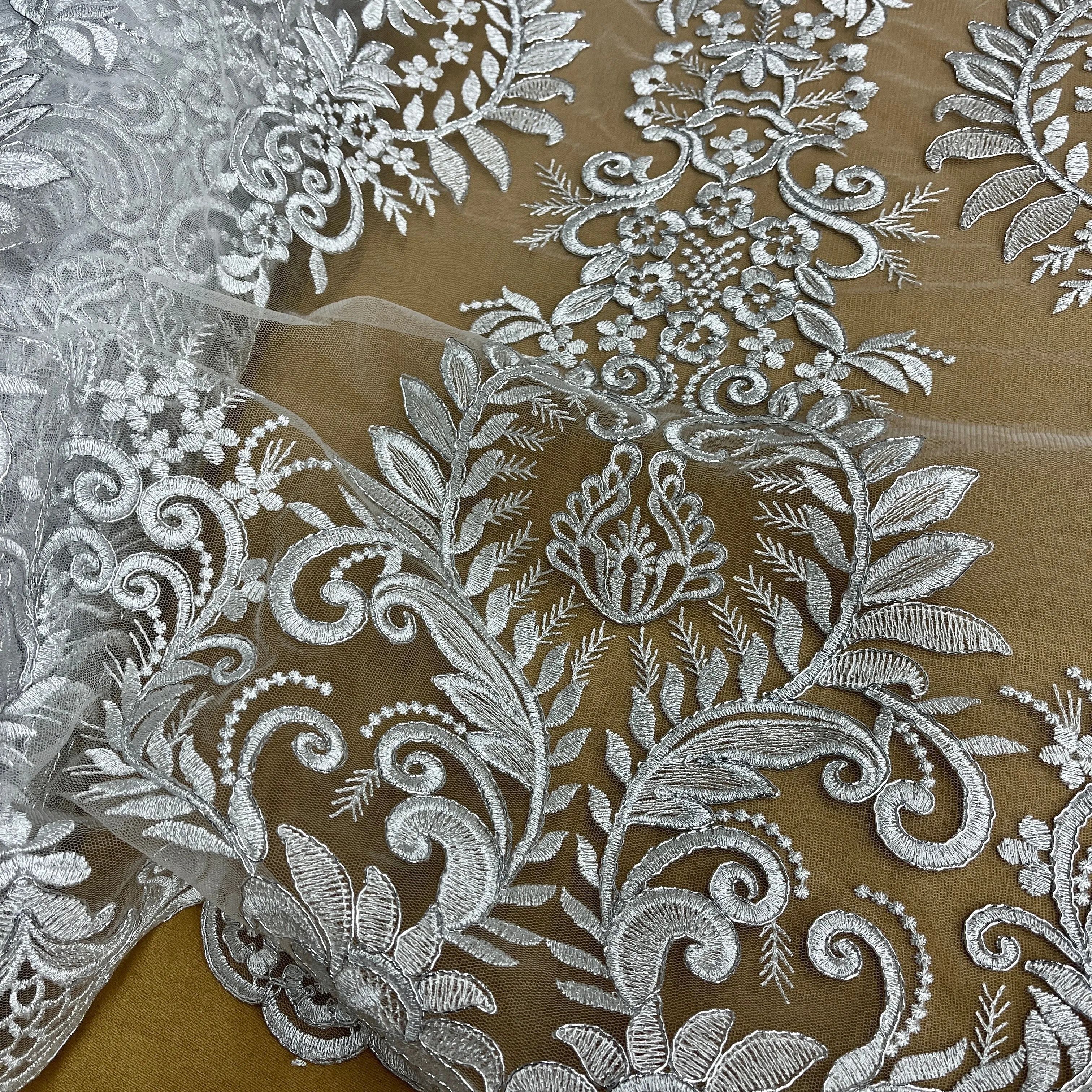 Corded Bridal Lace Fabric Embroidered on 100% Polyester Net Mesh | Lace USA - 97160W