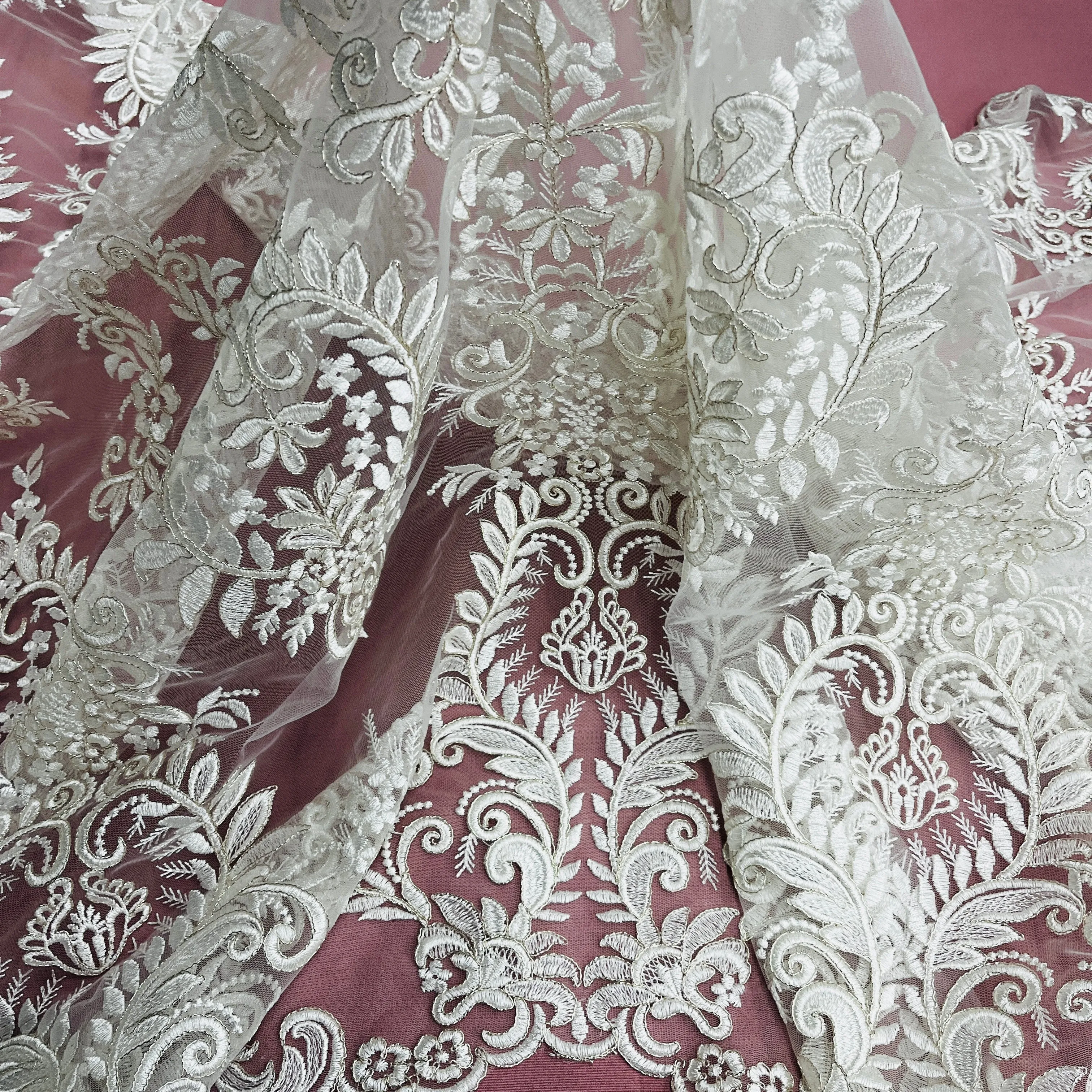 Corded Bridal Lace Fabric Embroidered on 100% Polyester Net Mesh | Lace USA - 97160W