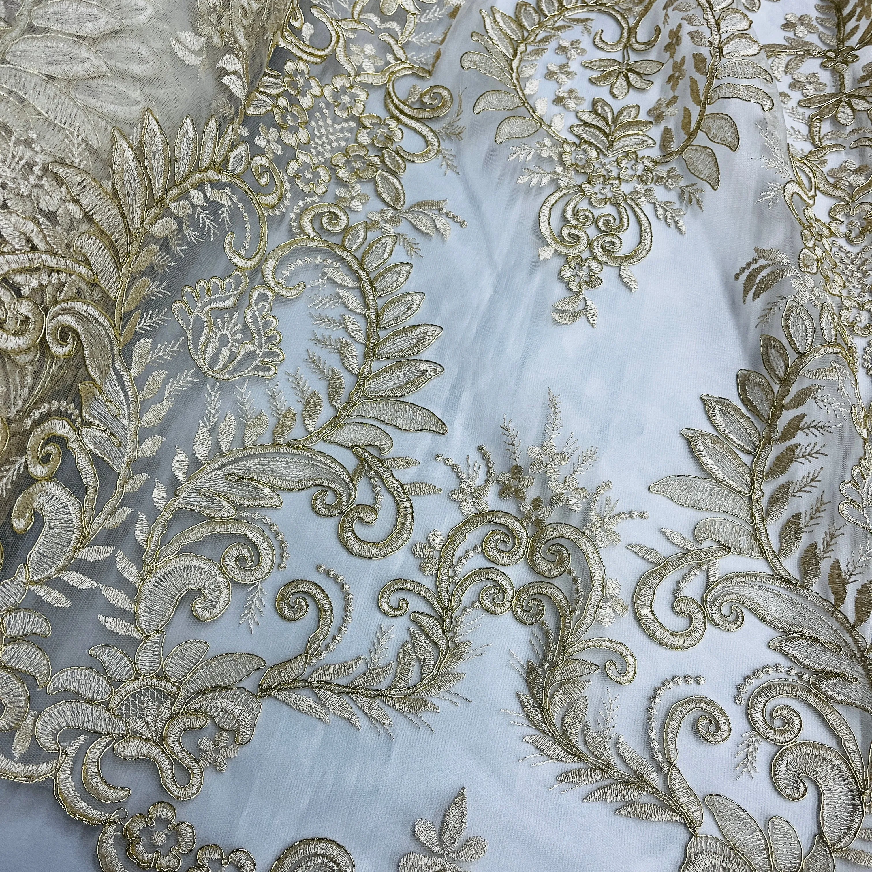 Corded Bridal Lace Fabric Embroidered on 100% Polyester Net Mesh | Lace USA - 97160W