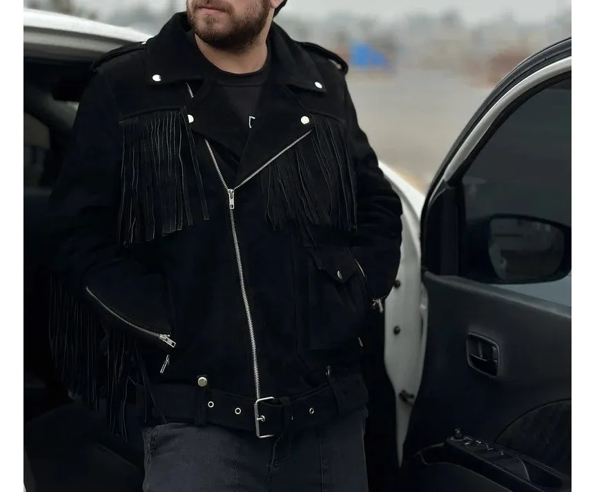 Cowboy Genuine Fringe Leather Jacket Men Biker Motorcycle