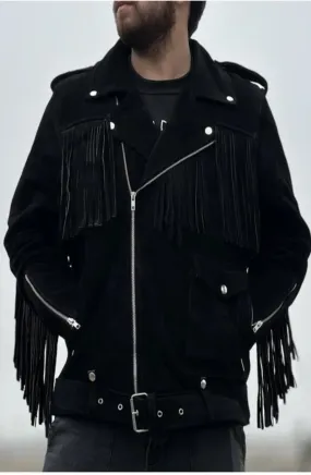 Cowboy Genuine Fringe Leather Jacket Men Biker Motorcycle