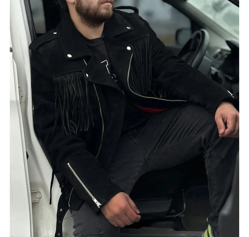 Cowboy Genuine Fringe Leather Jacket Men Biker Motorcycle