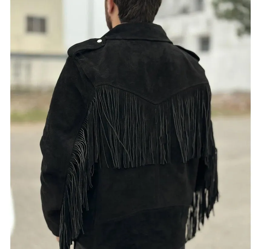 Cowboy Genuine Fringe Leather Jacket Men Biker Motorcycle