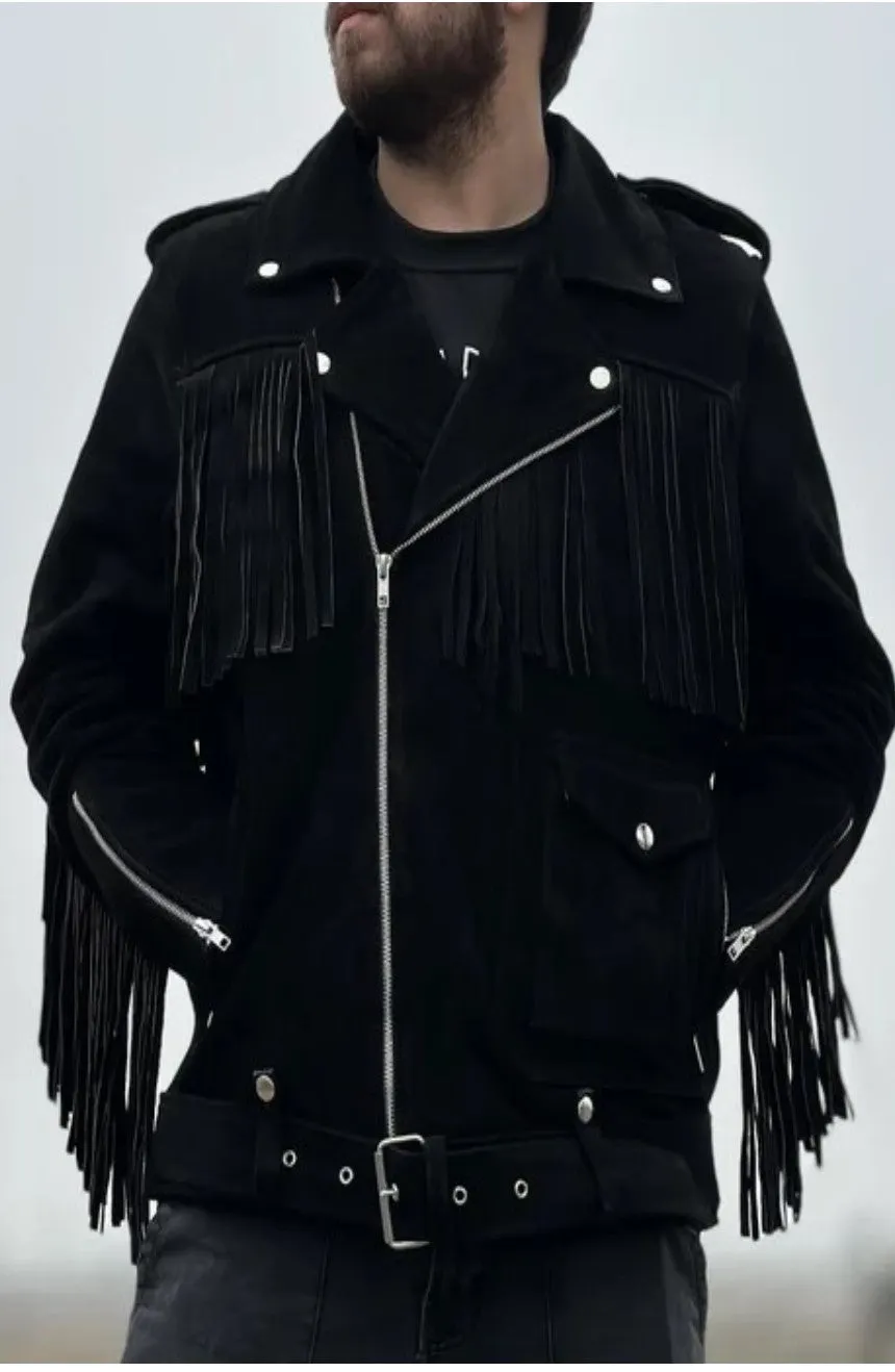 Cowboy Genuine Fringe Leather Jacket Men Biker Motorcycle