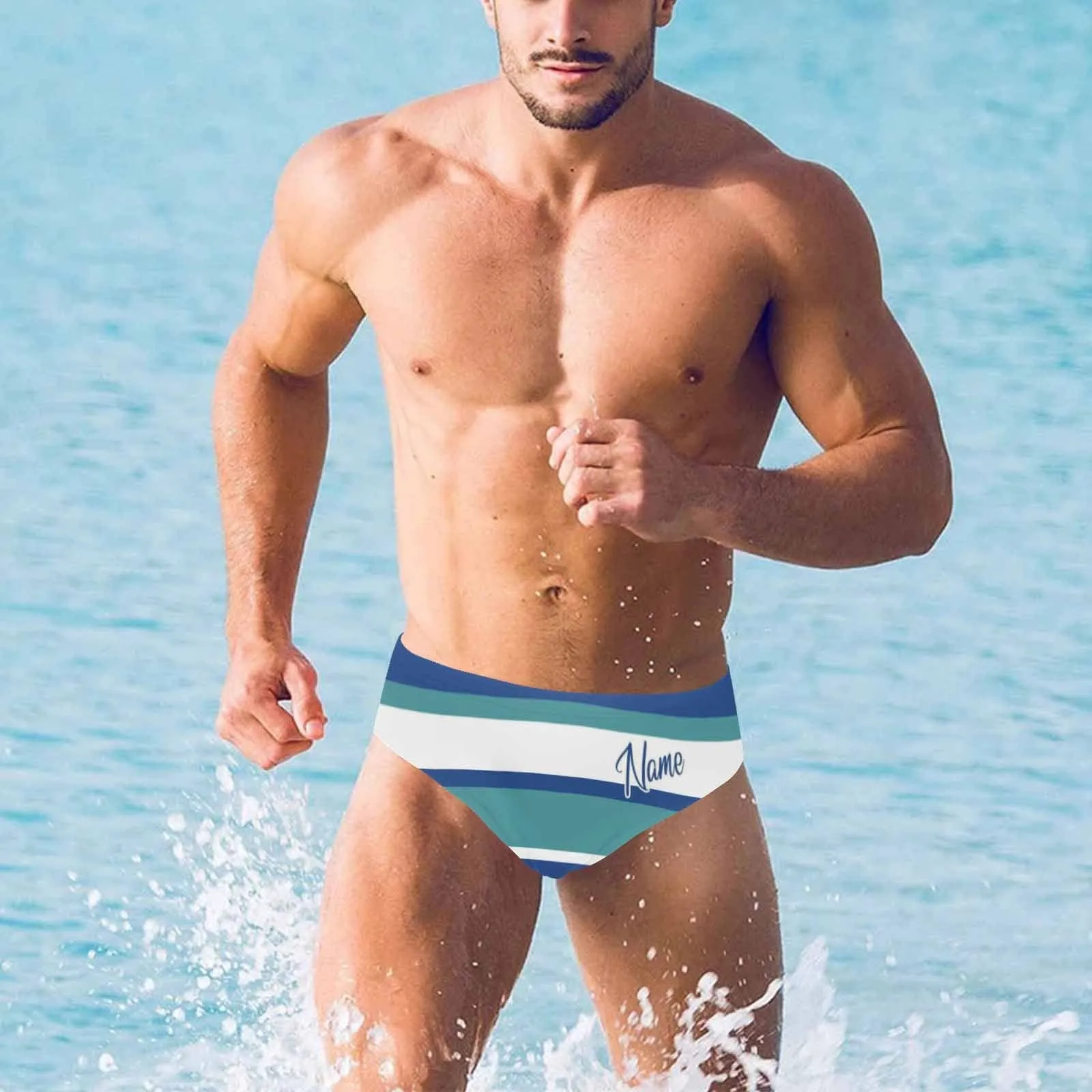 Custom Name Blue Triangle Swim Briefs Personalized White Stripes Men's Swim Shorts for Summer Sports