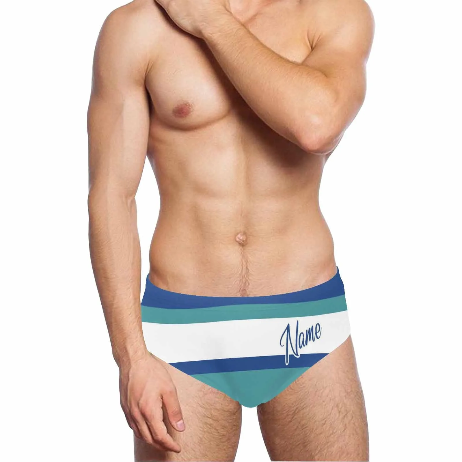 Custom Name Blue Triangle Swim Briefs Personalized White Stripes Men's Swim Shorts for Summer Sports