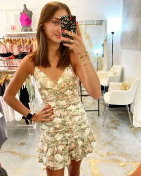 Daphne halter ruched mini floral Dress- soft green floral