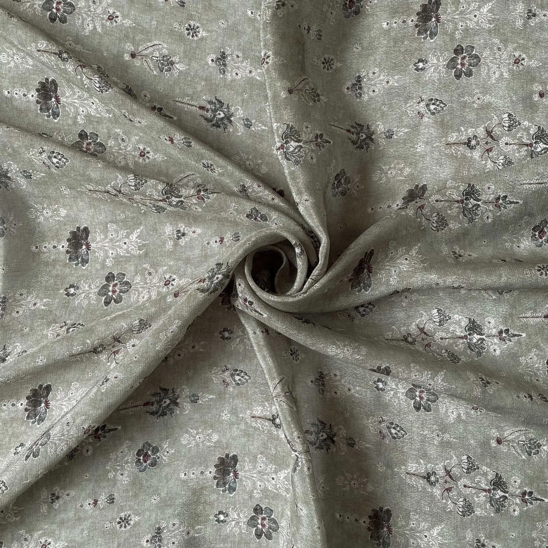 Dusty Green & White Vintage Floral Digital Printed Pure Crepe Fabric (Width 43 Inches)