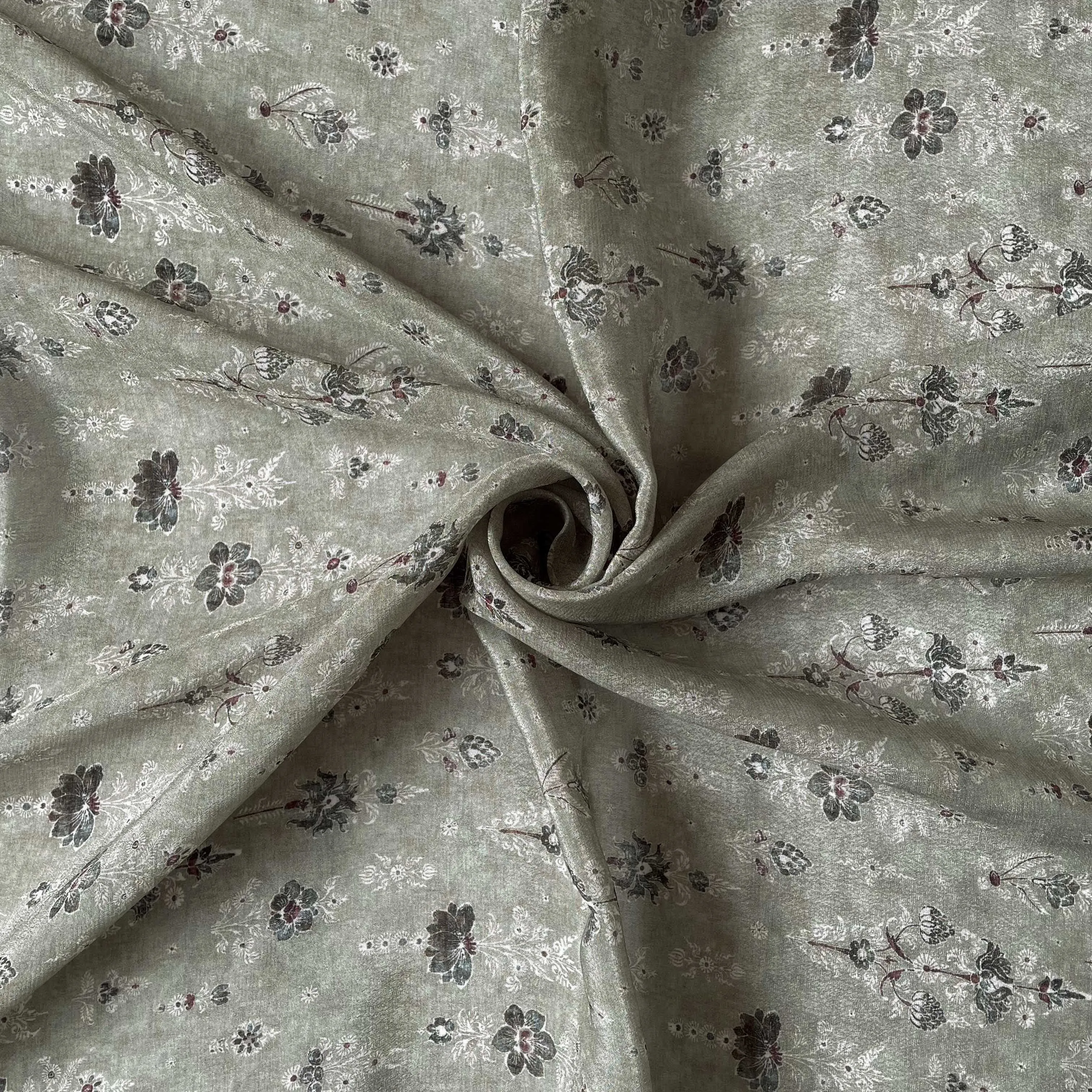 Dusty Green & White Vintage Floral Digital Printed Pure Crepe Fabric (Width 43 Inches)