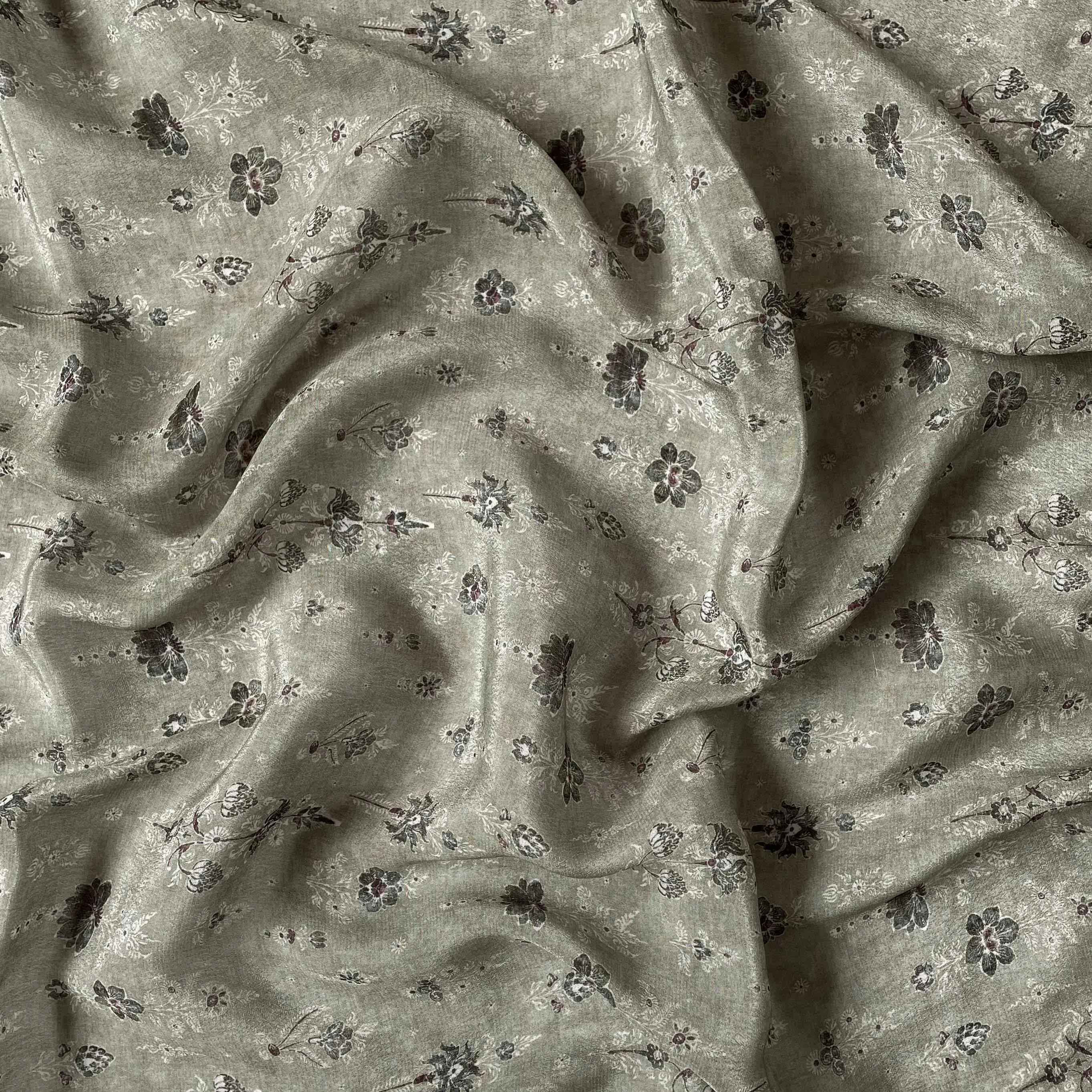 Dusty Green & White Vintage Floral Digital Printed Pure Crepe Fabric (Width 43 Inches)