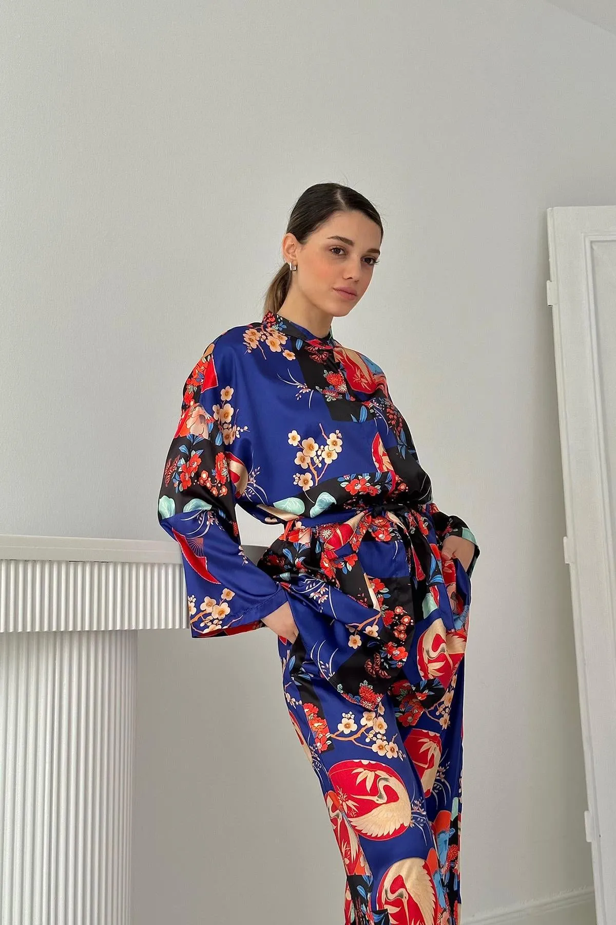 ELS Floral Patterned Blouse & Pants Set - Blue - Clondalkin