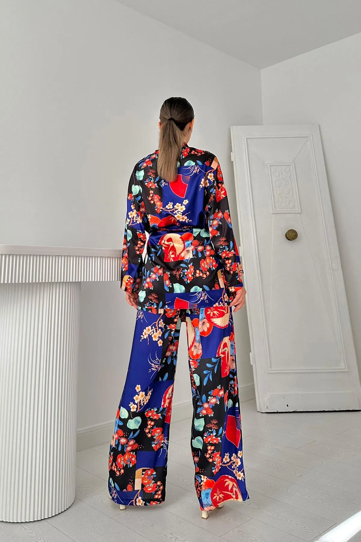 ELS Floral Patterned Blouse & Pants Set - Blue - Clondalkin