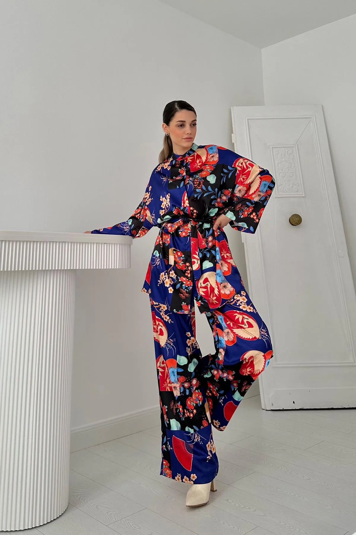 ELS Floral Patterned Blouse & Pants Set - Blue - Clondalkin