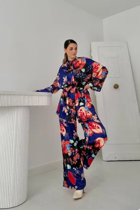 ELS Floral Patterned Blouse & Pants Set - Blue - Clondalkin