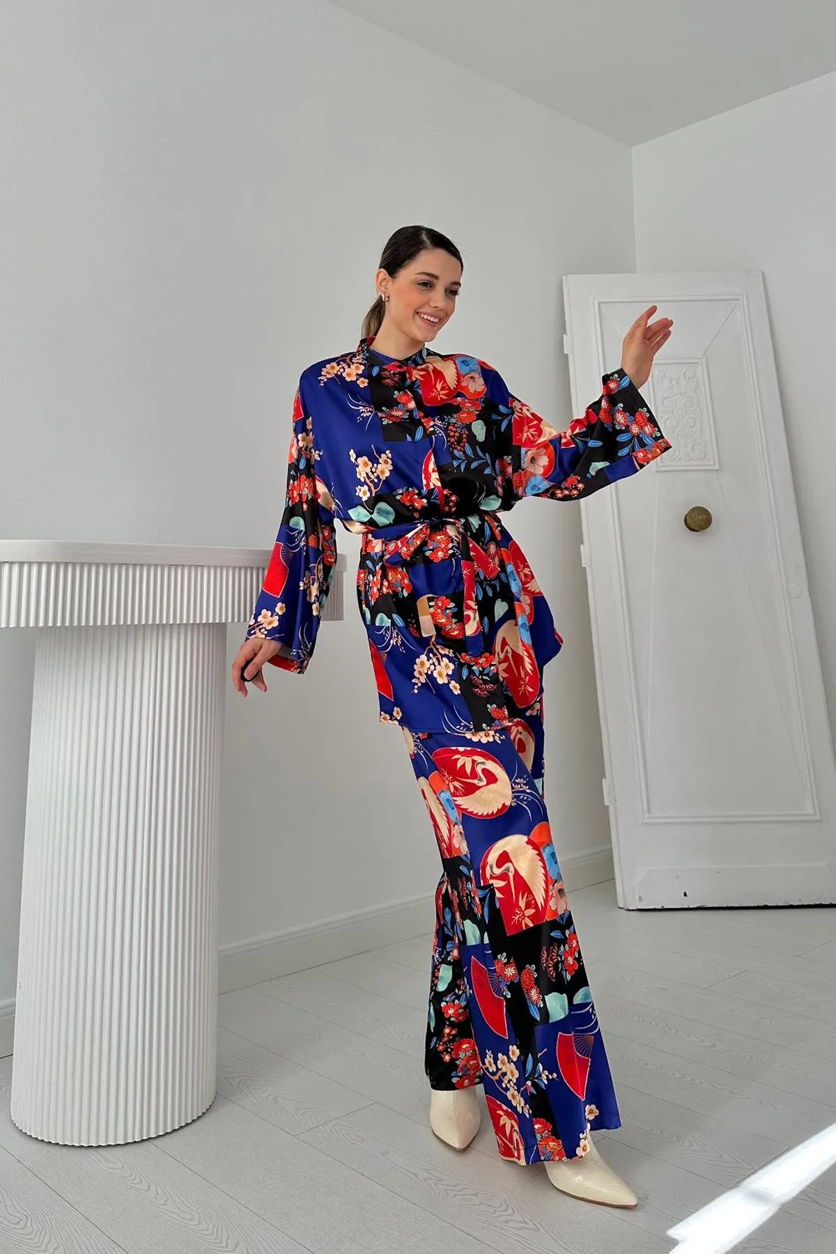 ELS Floral Patterned Blouse & Pants Set - Blue - Clondalkin