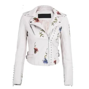 Embroidered Floral Faux Leather Jacket Outerwear