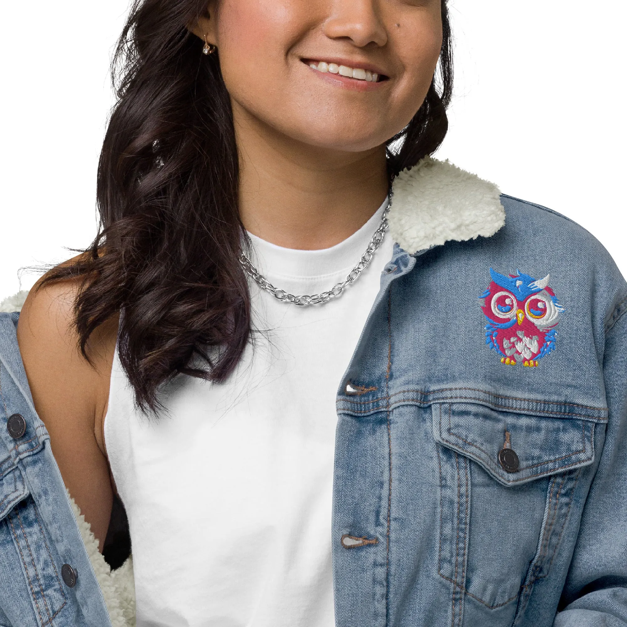 Embroidered Owl Sherpa Denim Jacket