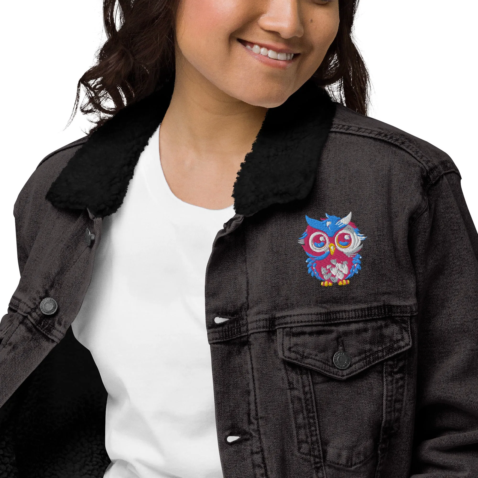 Embroidered Owl Sherpa Denim Jacket