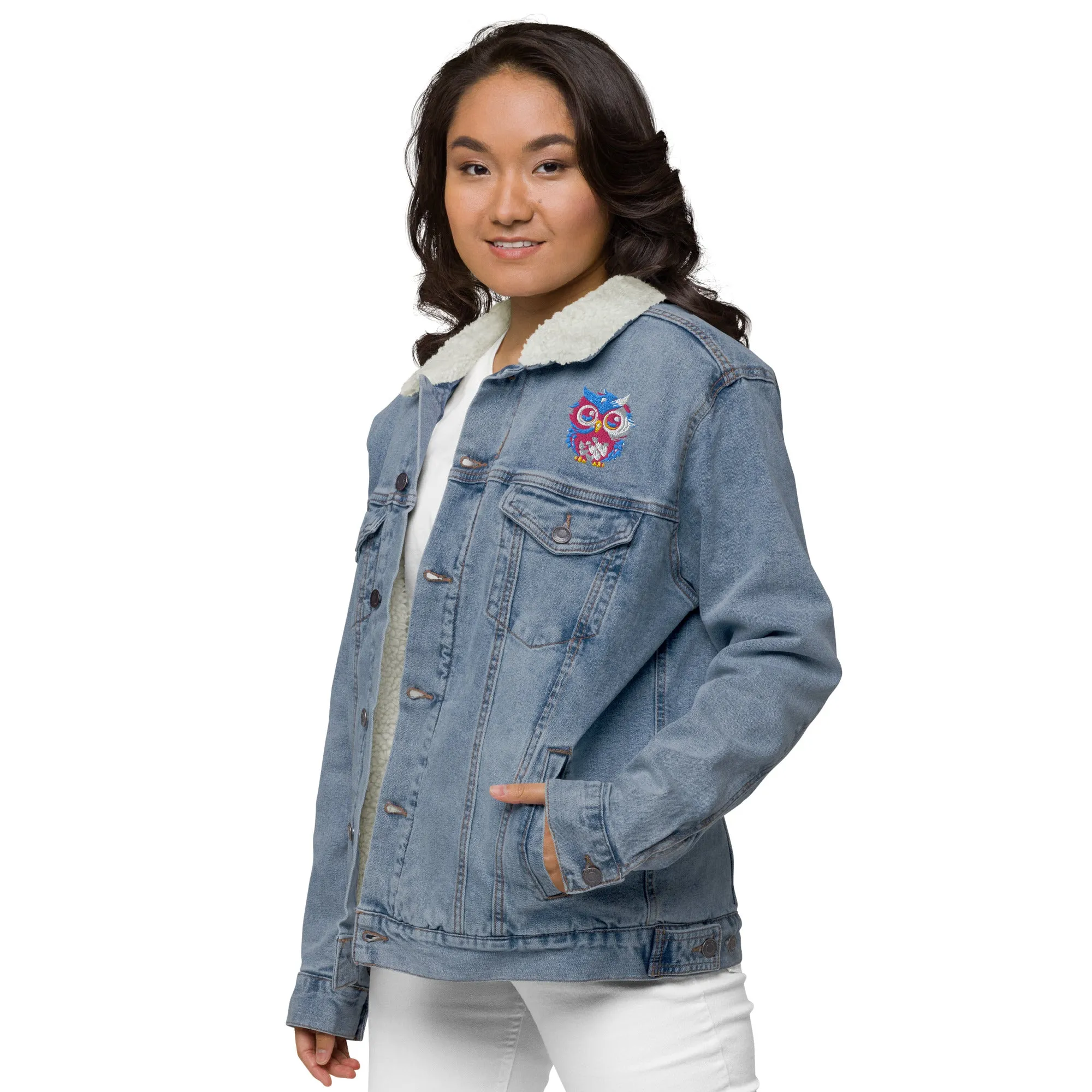 Embroidered Owl Sherpa Denim Jacket