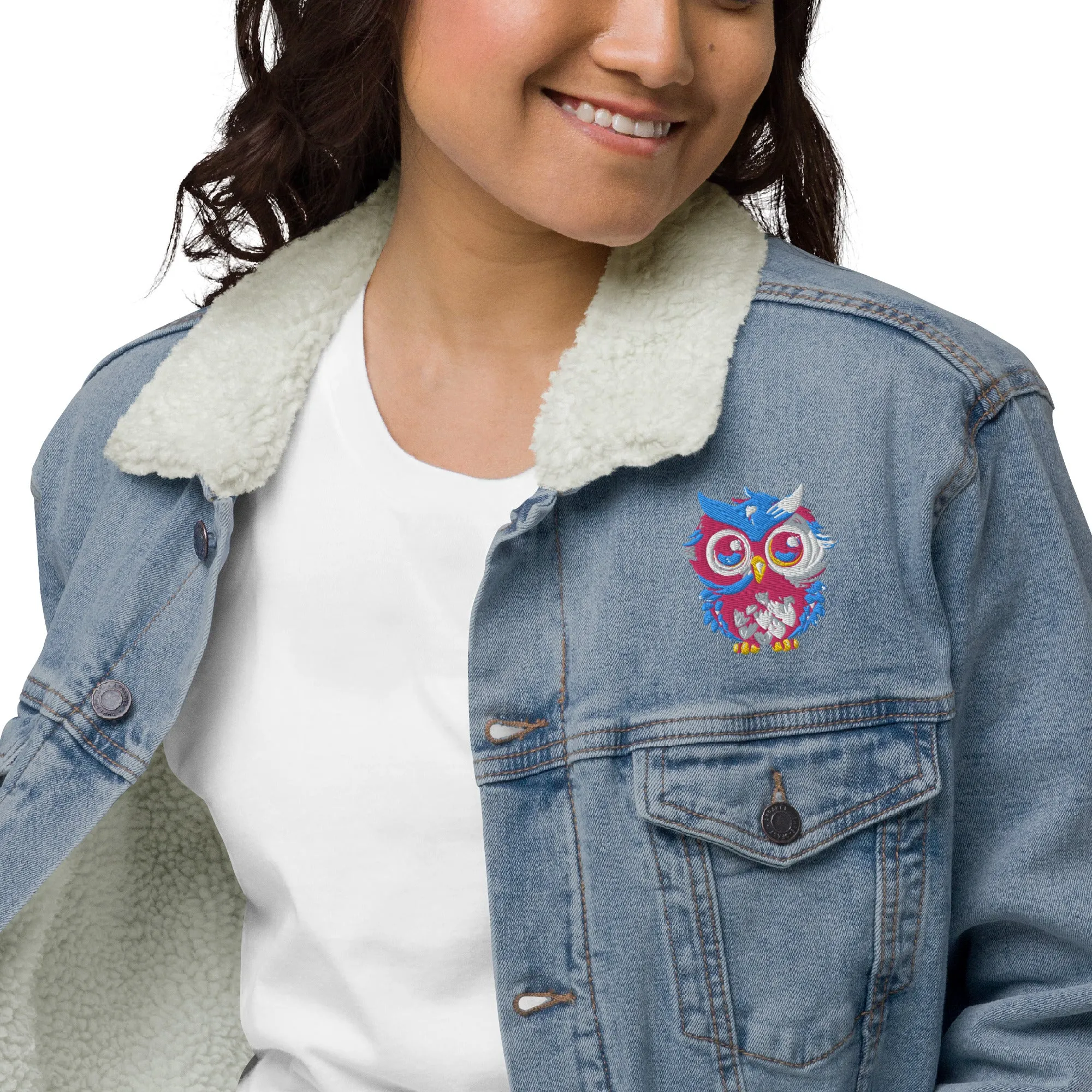 Embroidered Owl Sherpa Denim Jacket